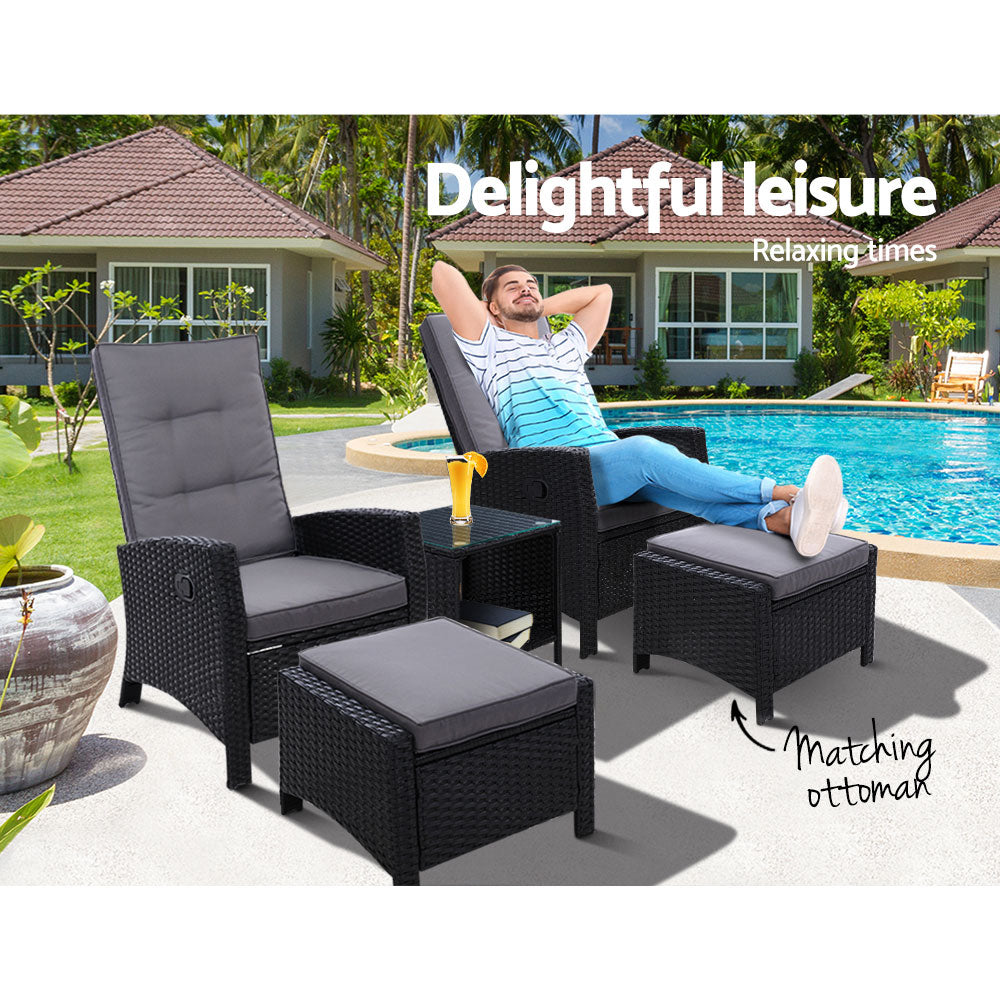 Mireya - 5PC Recliner Chairs Table Sun Lounge Wicker Adjustable Black