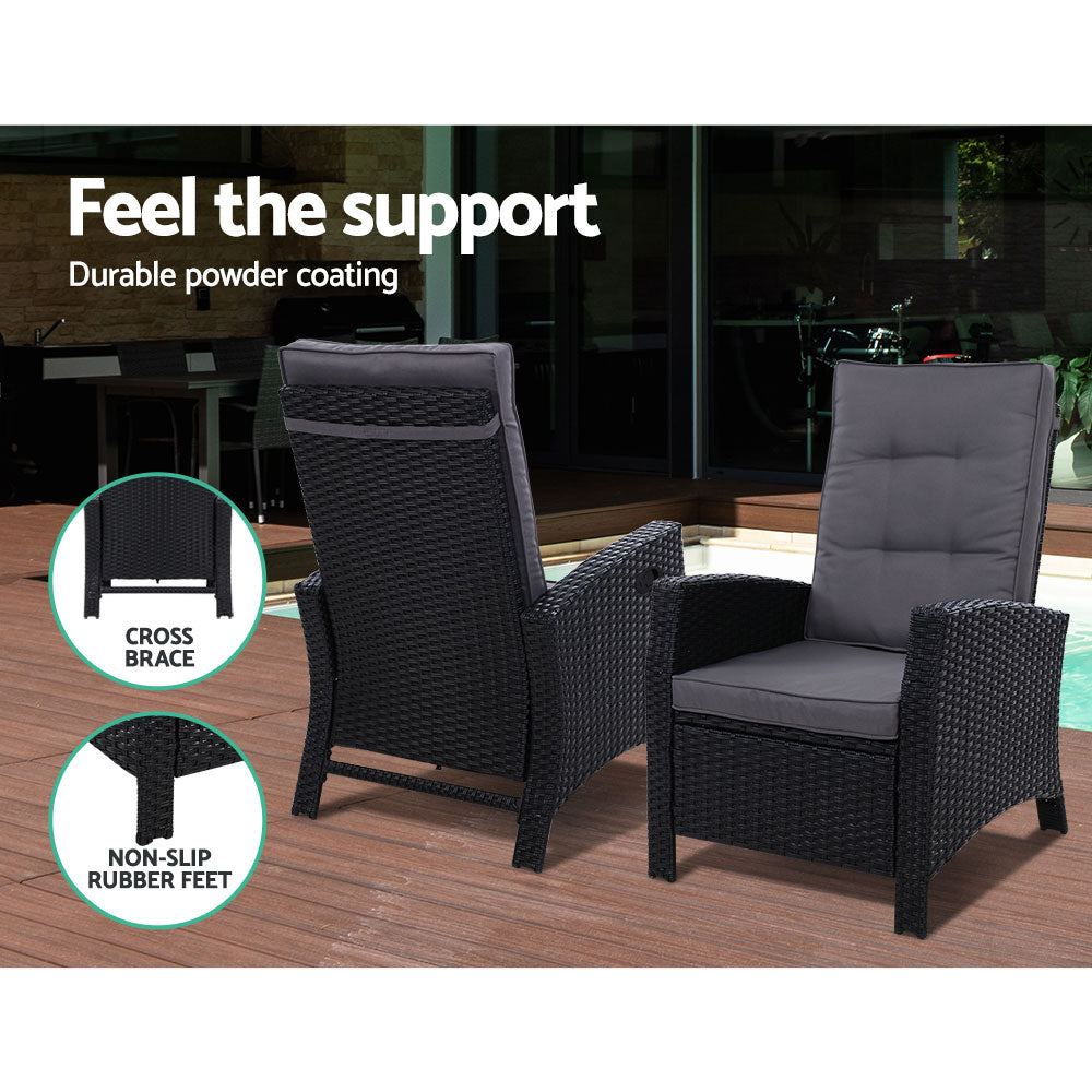 Mireya - 5PC Recliner Chairs Table Sun Lounge Wicker Adjustable Black