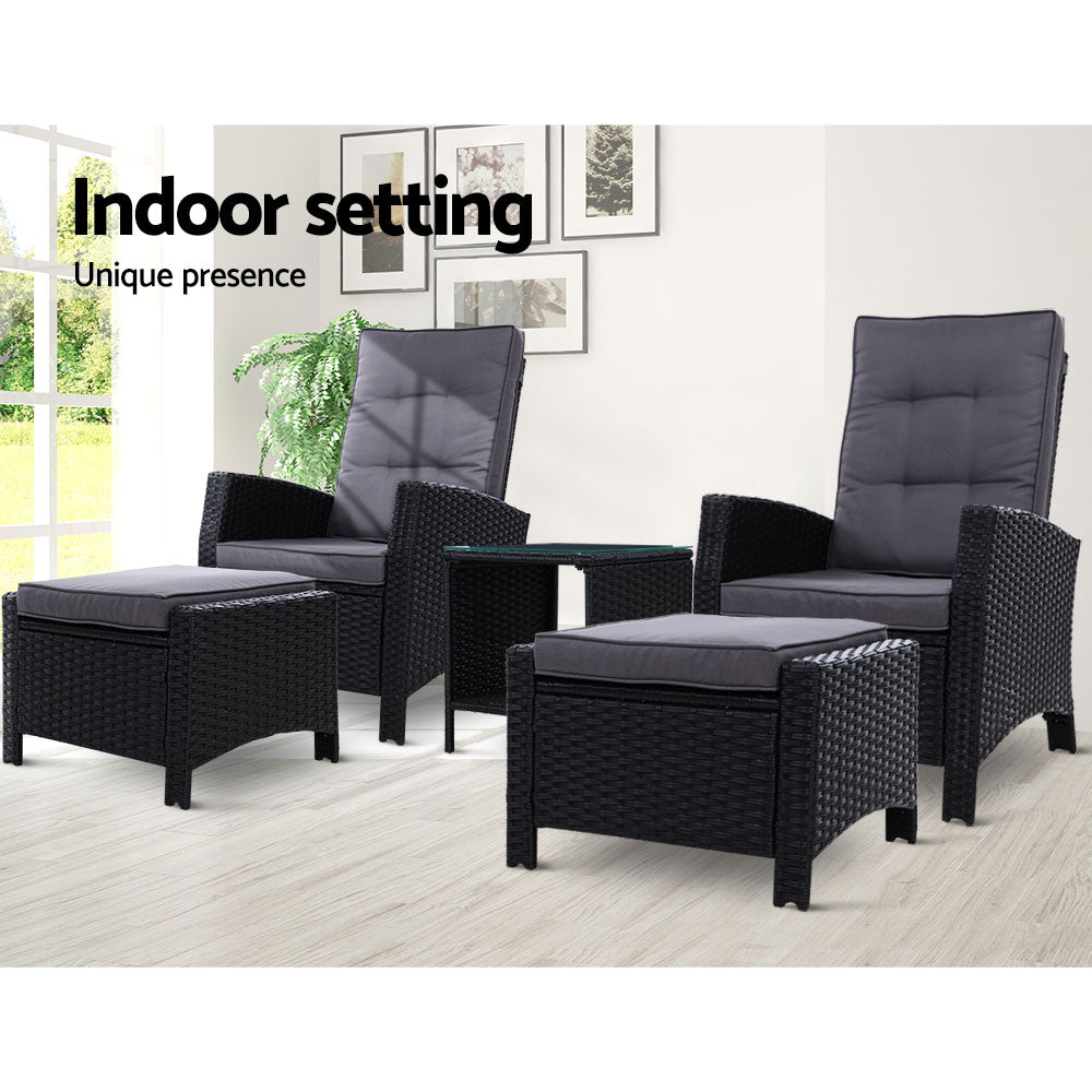Mireya - 5PC Recliner Chairs Table Sun Lounge Wicker Adjustable Black