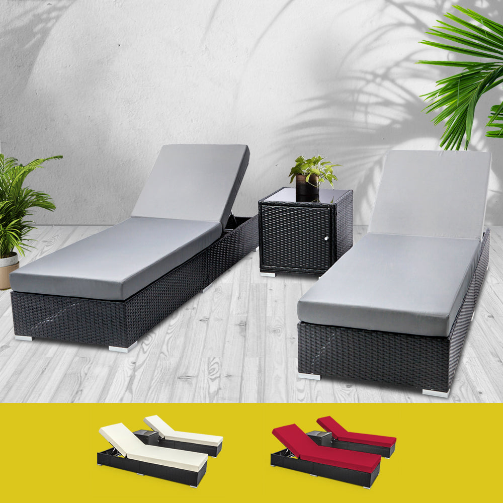 Adora - 3PC Sun Lounge Wicker Lounger Day Bed Rattan Garden