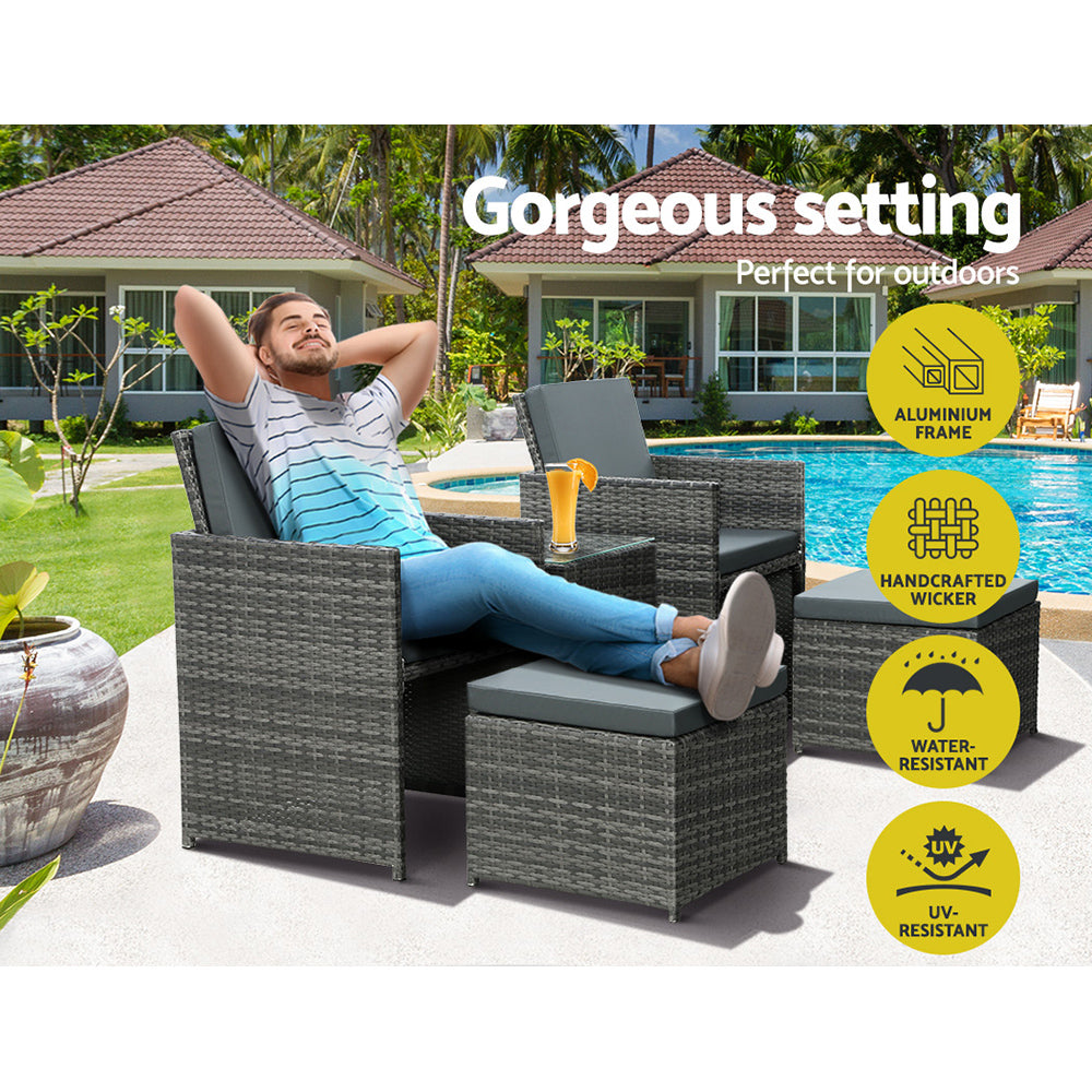 Jewel - 5PC Bistro Set Wicker Table Chairs Outdoor Grey