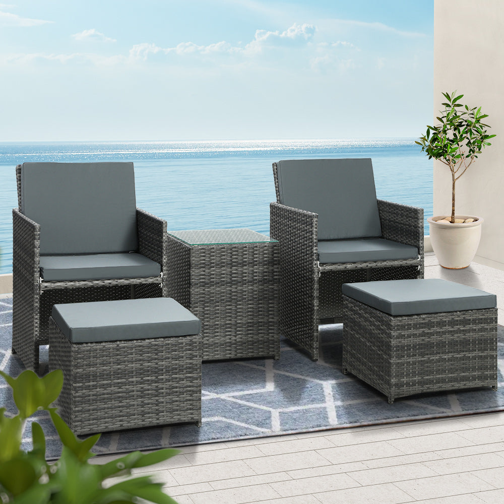 Jewel - 5PC Bistro Set Wicker Table Chairs Outdoor Grey