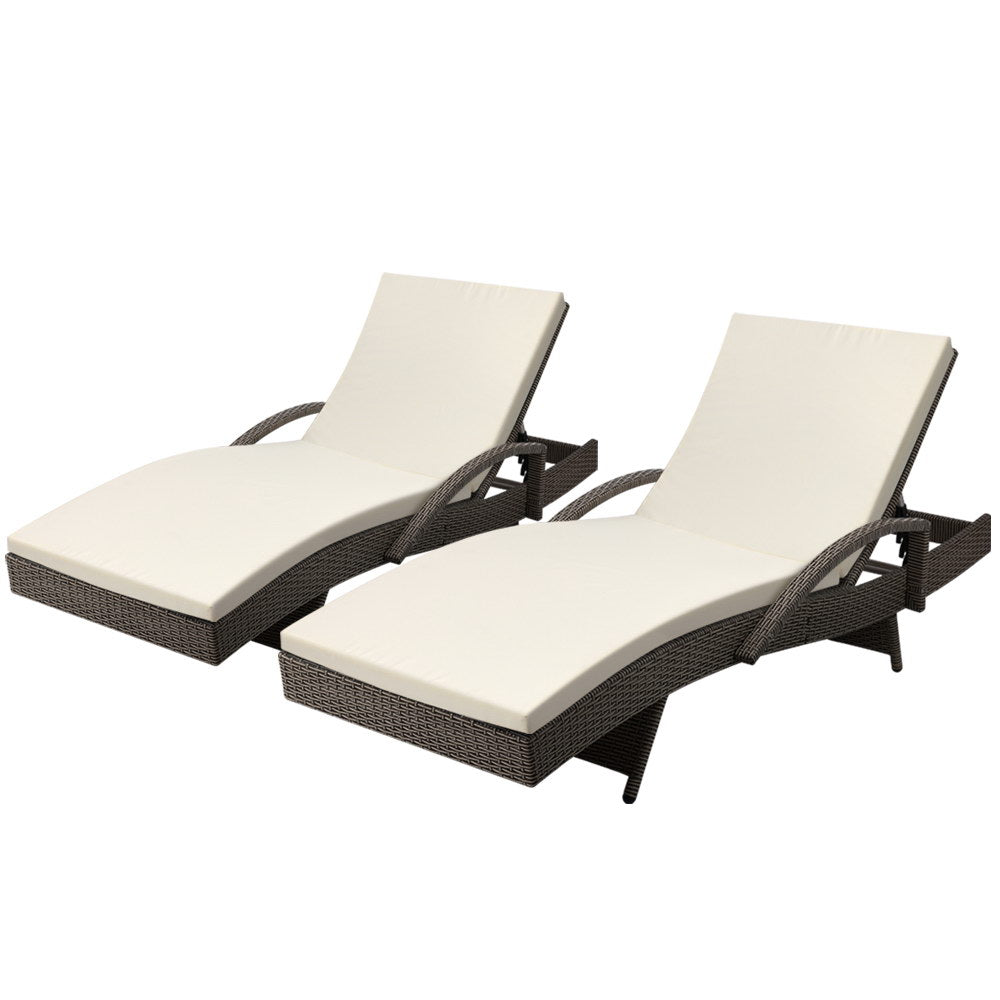 Odette - 2PC Sun Lounge Wicker Lounger Beach Adjustable Grey Beige