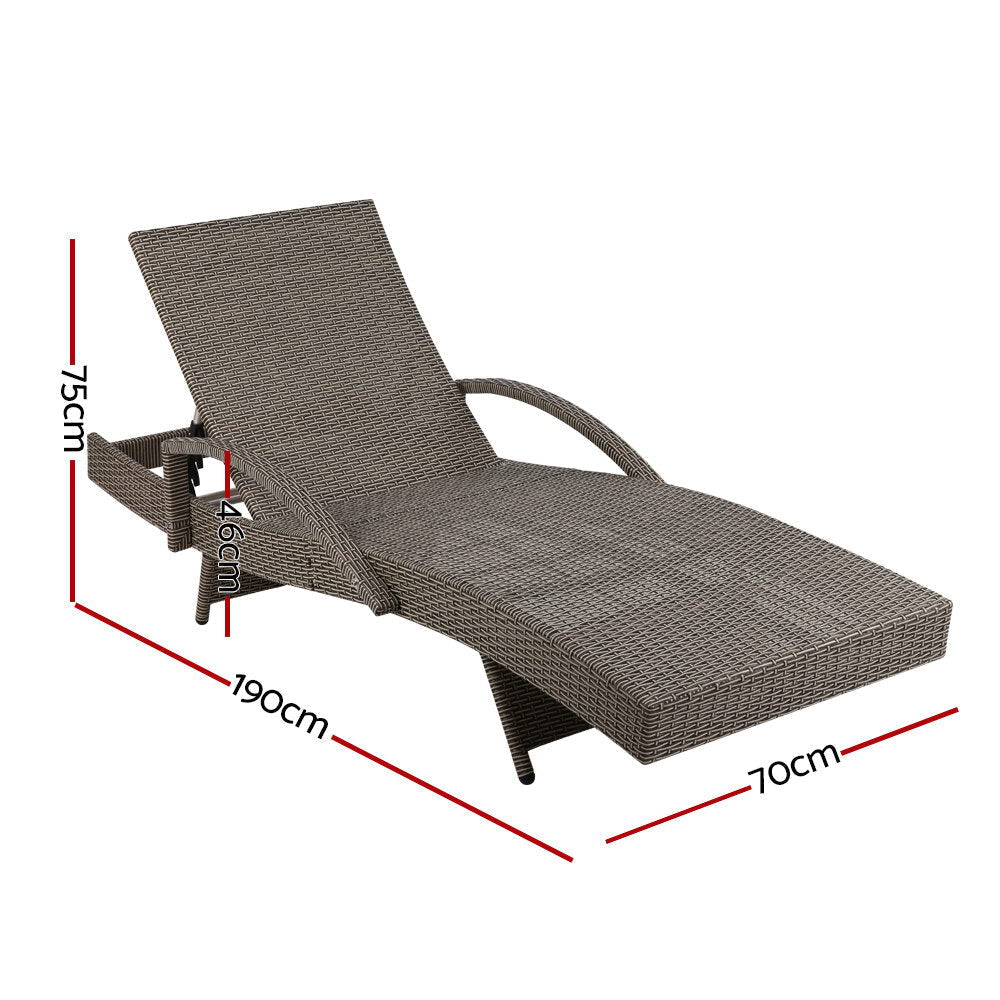 Odette - 2PC Sun Lounge Wicker Lounger Beach Adjustable Grey Beige