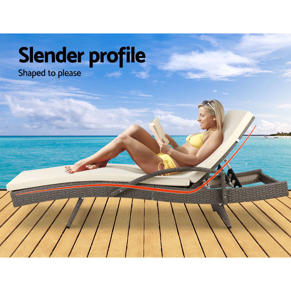 Odette - 2PC Sun Lounge Wicker Lounger Beach Adjustable Grey Beige