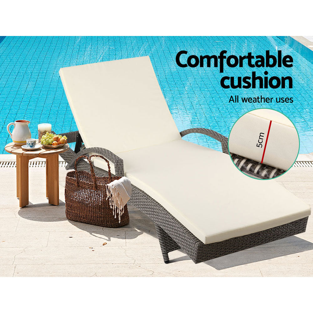 Odette - 2PC Sun Lounge Wicker Lounger Beach Adjustable Grey Beige