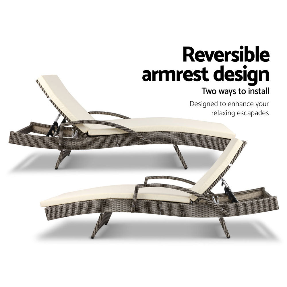 Odette - 2PC Sun Lounge Wicker Lounger Beach Adjustable Grey Beige