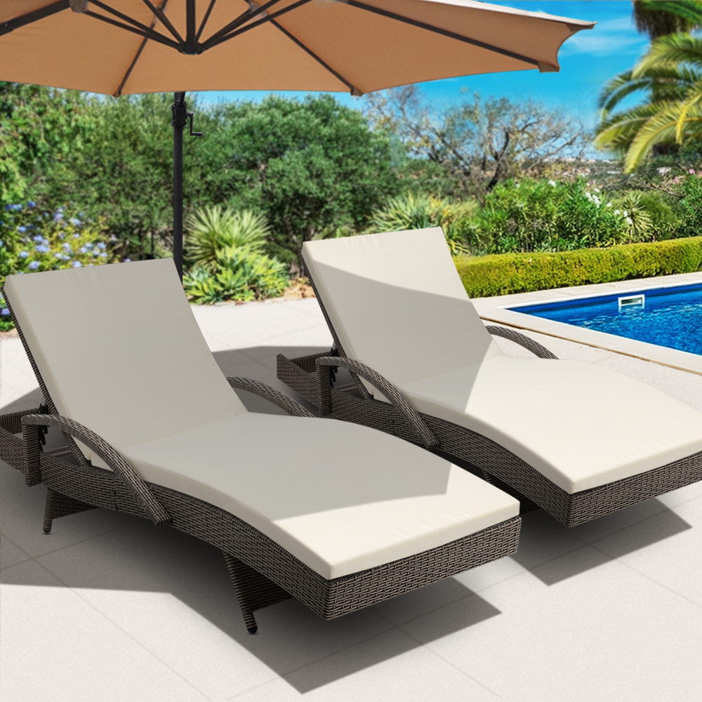 Odette - 2PC Sun Lounge Wicker Lounger Beach Adjustable Grey Beige
