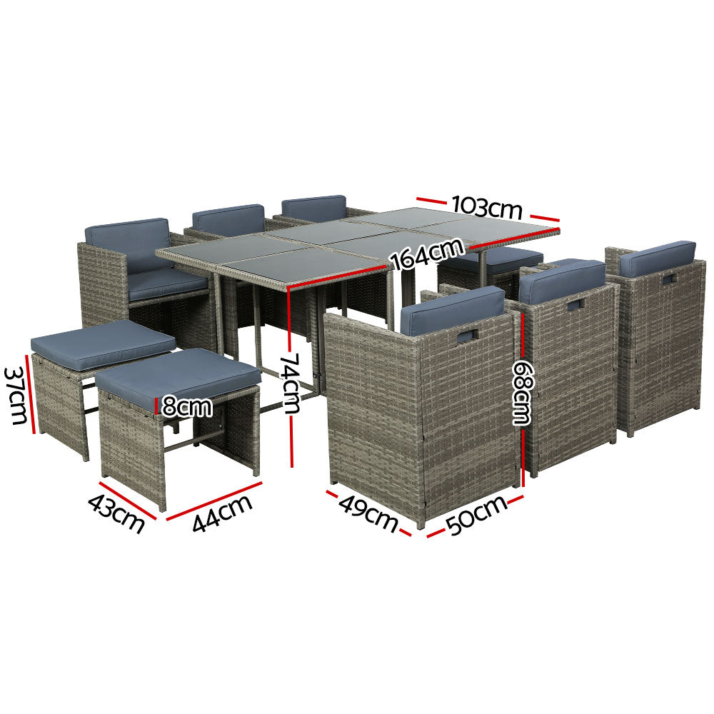 Laurel - Outdoor Dining Set 11 Piece Wicker Table Chairs Grey