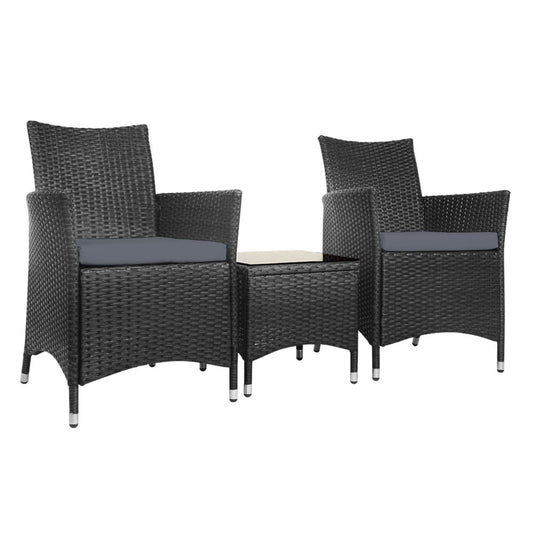 Elena - 3PC Outdoor Bistro Set Patio Wicker Chairs Black