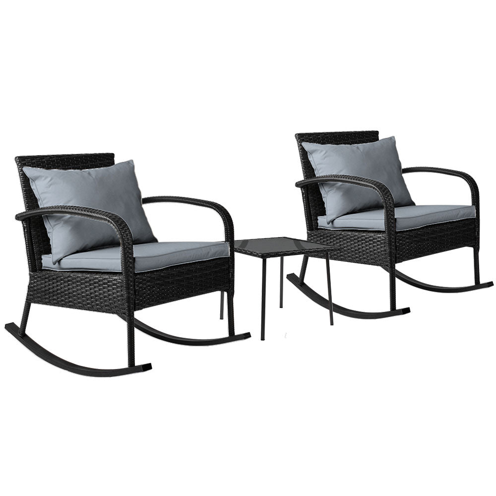 Liora - 3PC Rocking Chair Table Wicker Patio Bistro Set Black