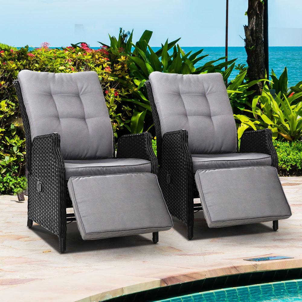 Imogen - 2PC Recliner Chairs Sun Lounge Wicker Lounger Adjustable Black