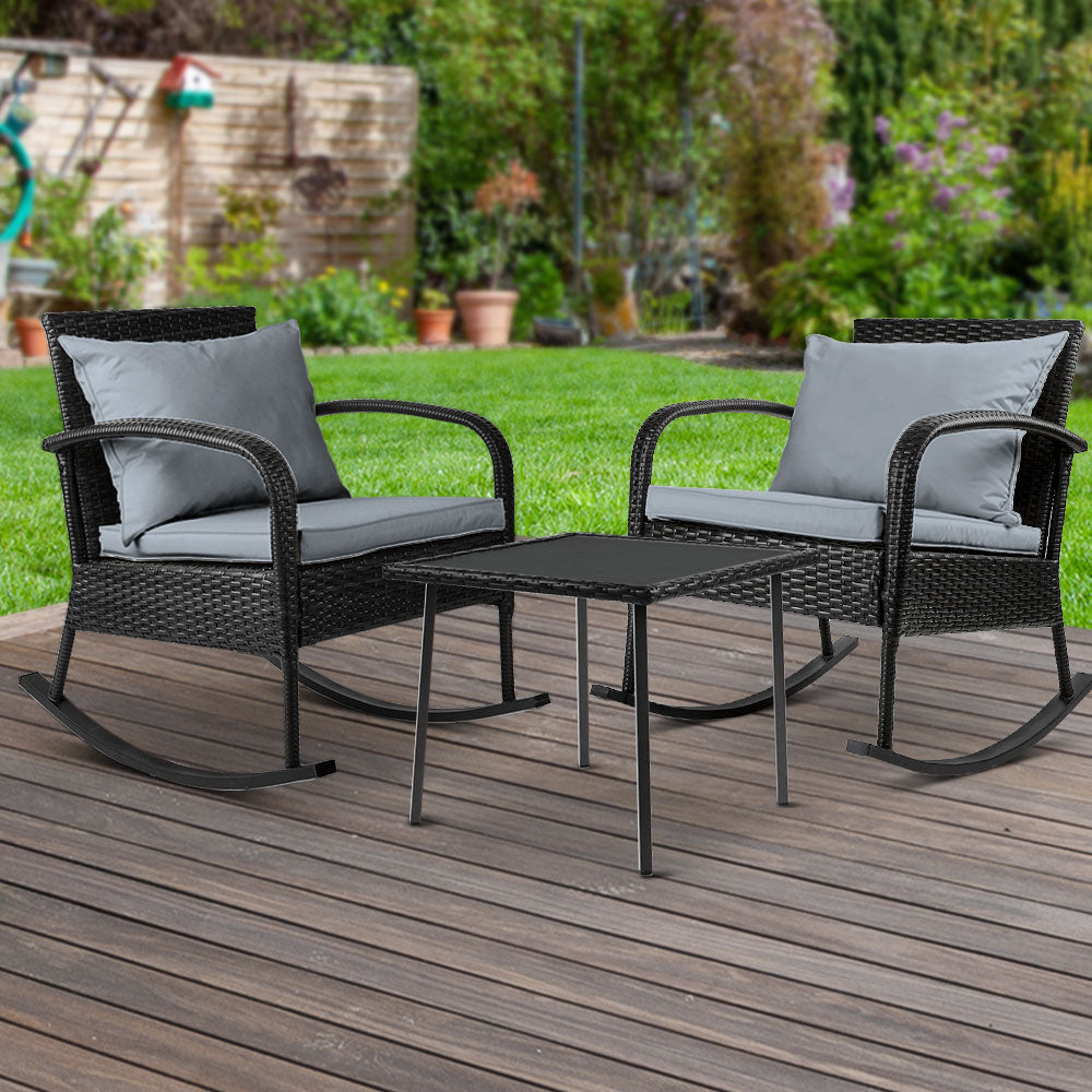 Liora - 3PC Rocking Chair Table Wicker Patio Bistro Set Black
