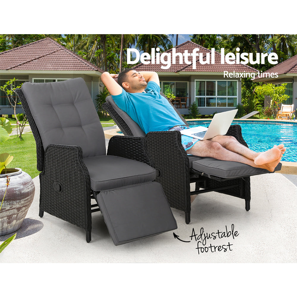 Imogen - 2PC Recliner Chairs Sun Lounge Wicker Lounger Adjustable Black