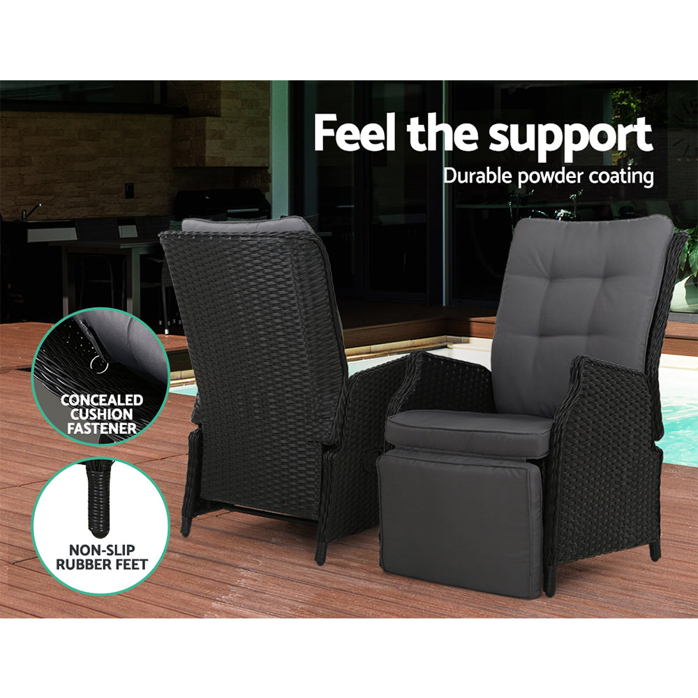 Imogen - 2PC Recliner Chairs Sun Lounge Wicker Lounger Adjustable Black