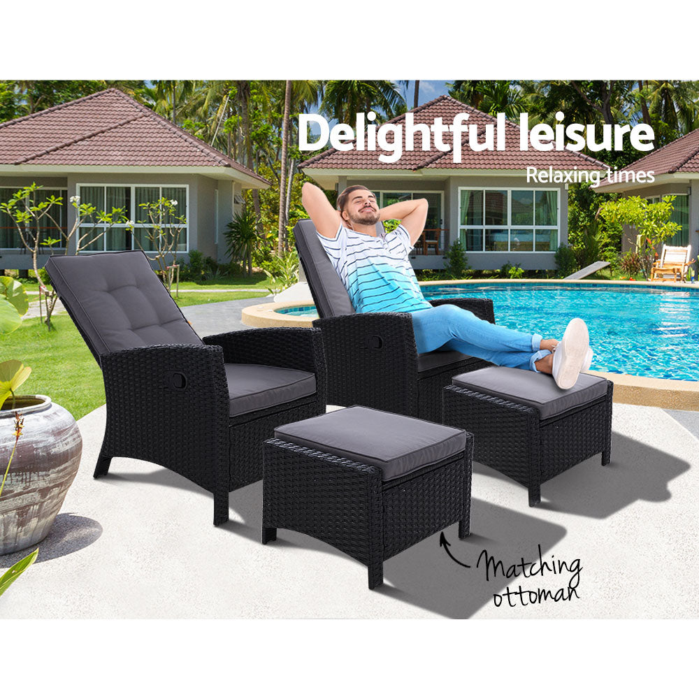 Yvonne - 2PC Recliner Chairs Wicker Lounger Adjustable Black