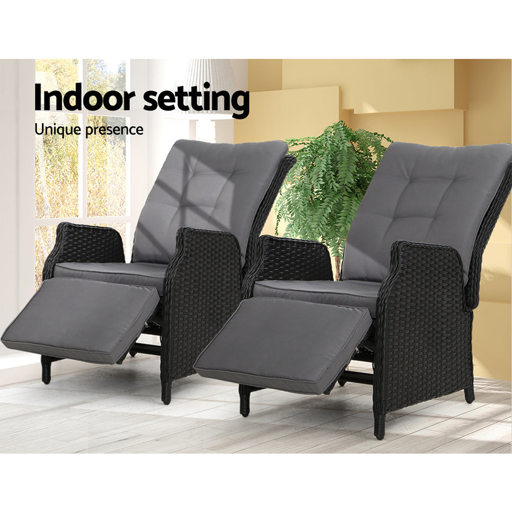 Imogen - 2PC Recliner Chairs Sun Lounge Wicker Lounger Adjustable Black