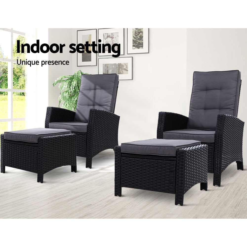 Yvonne - 2PC Recliner Chairs Wicker Lounger Adjustable Black