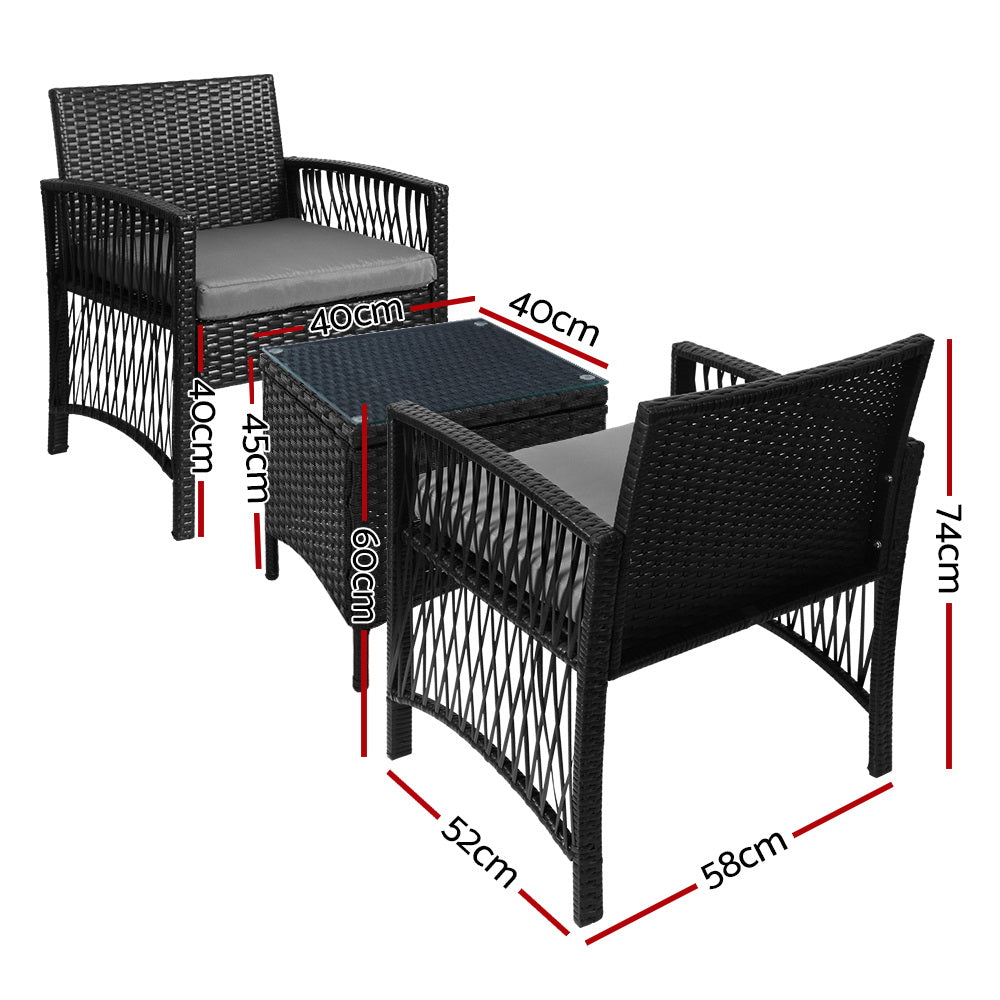 Unity - 3PC Outdoor Bistro Set Patio Wicker Dining Black