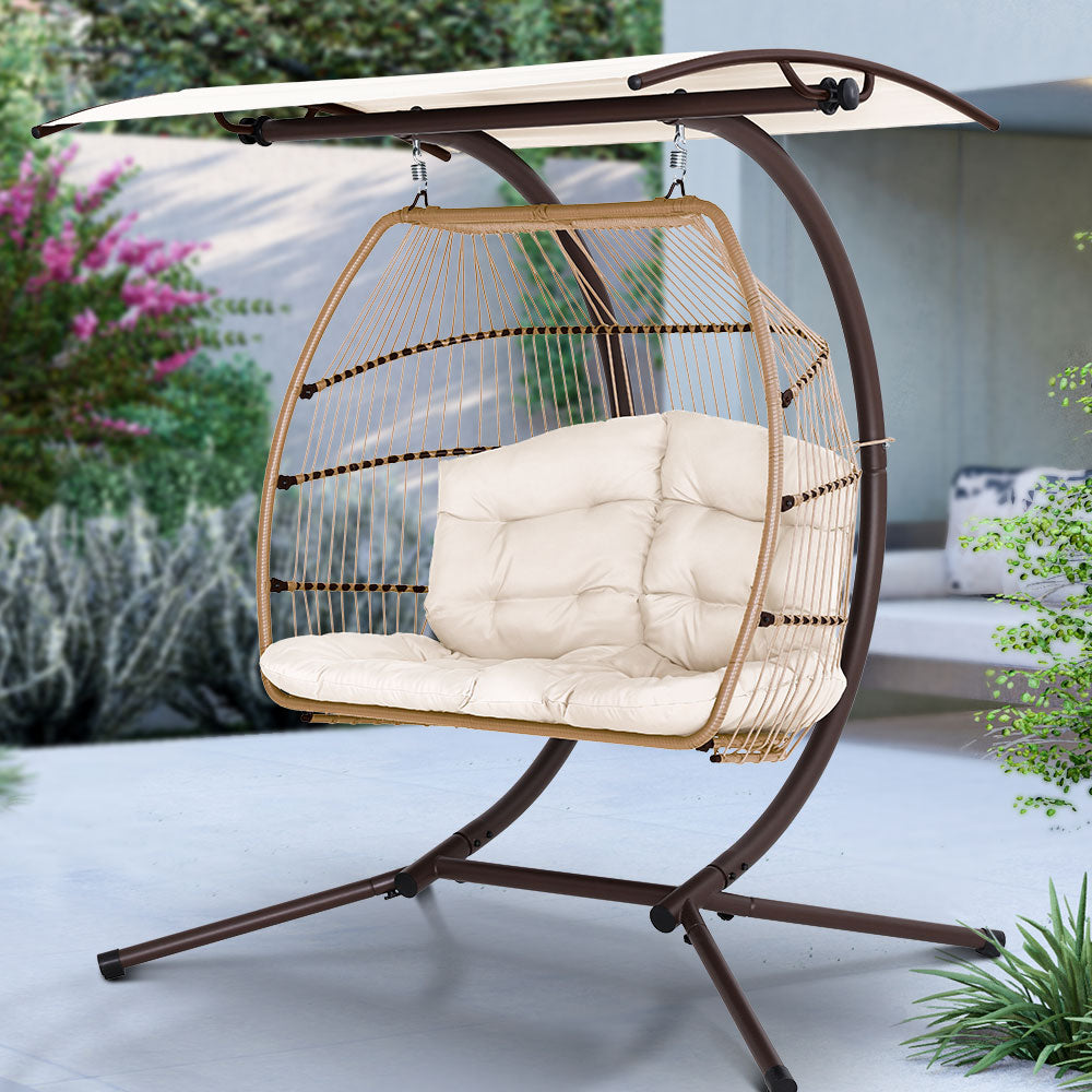 Tranquil - Outdoor Egg Swing Chair Wicker Pod Stand Canopy Latte