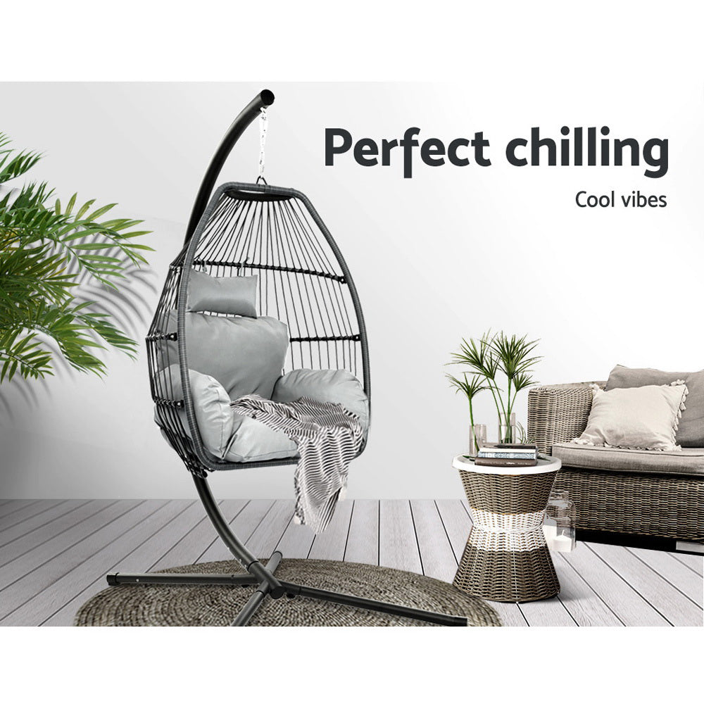 Fiore - Outdoor Egg Swing Chair Wicker Rope Pod Stand Cushion Grey
