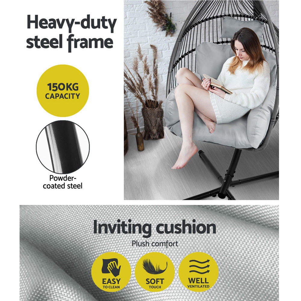Fiore - Outdoor Egg Swing Chair Wicker Rope Pod Stand Cushion Grey