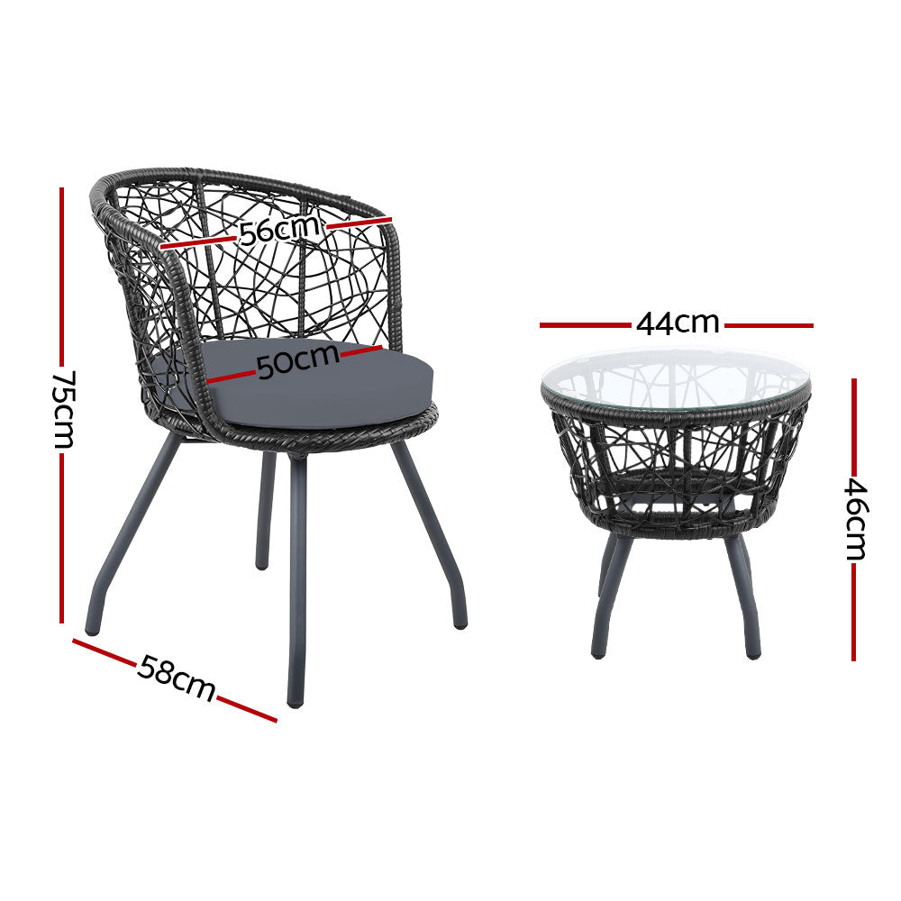Flare - 3PC Bistro Set Outdoor Furniture Rattan Patio Black