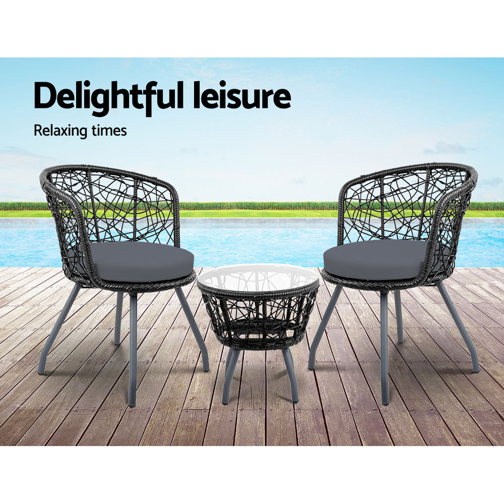Flare - 3PC Bistro Set Outdoor Furniture Rattan Patio Black