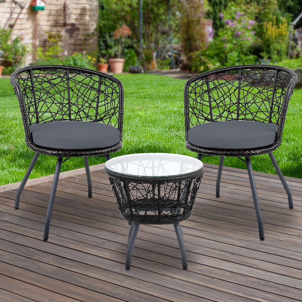 Flare - 3PC Bistro Set Outdoor Furniture Rattan Patio Black