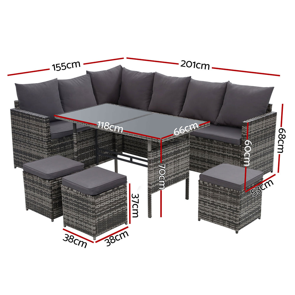 Isolde - Outdoor Furniture Dining Setting Wicker Sofa 9 Seater Grey