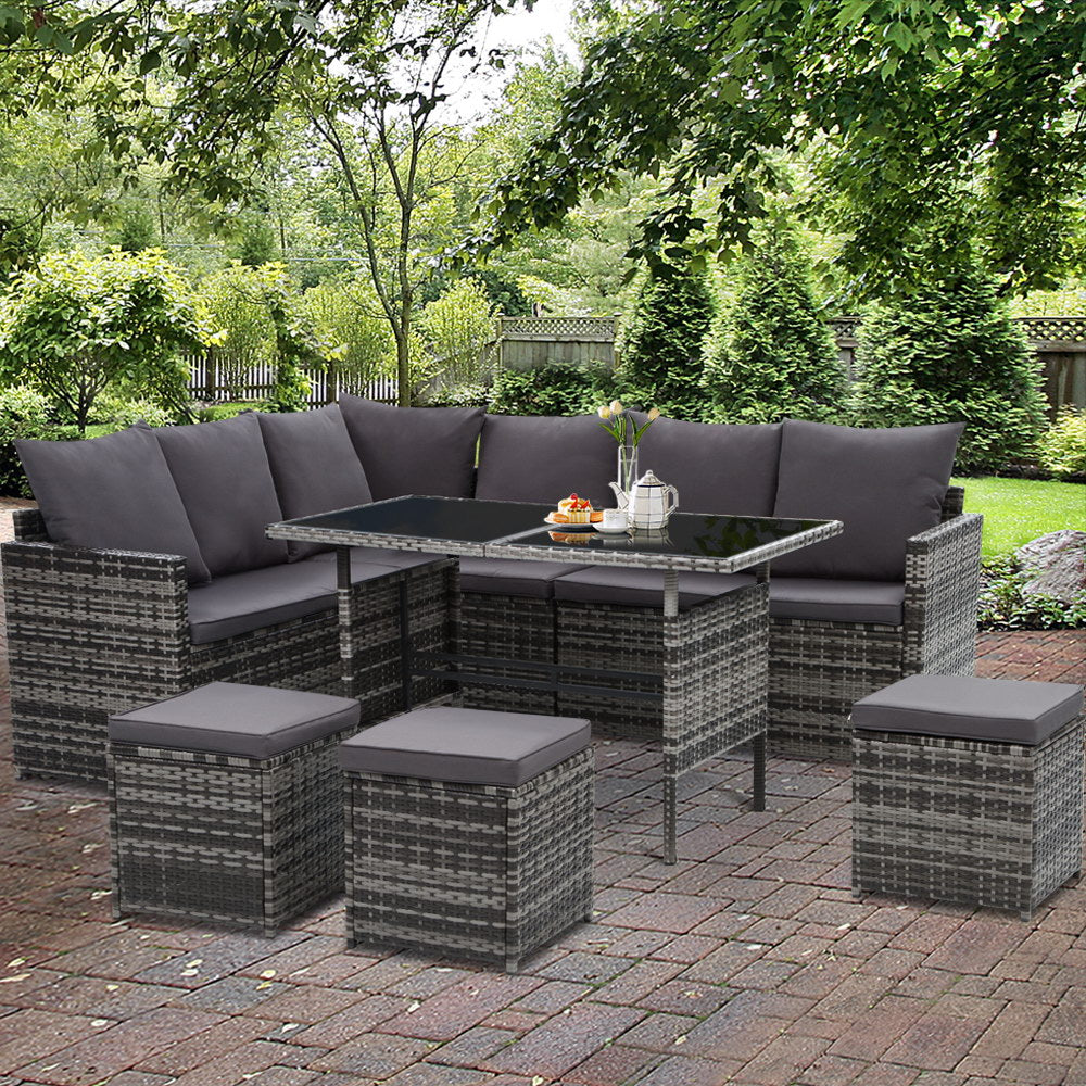 Isolde - Outdoor Furniture Dining Setting Wicker Sofa 9 Seater Grey