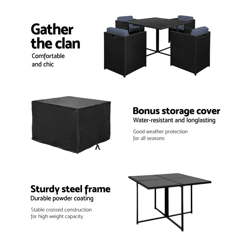 Elodie - Outdoor Dining Set 5 Piece Wicker Table Chairs Black