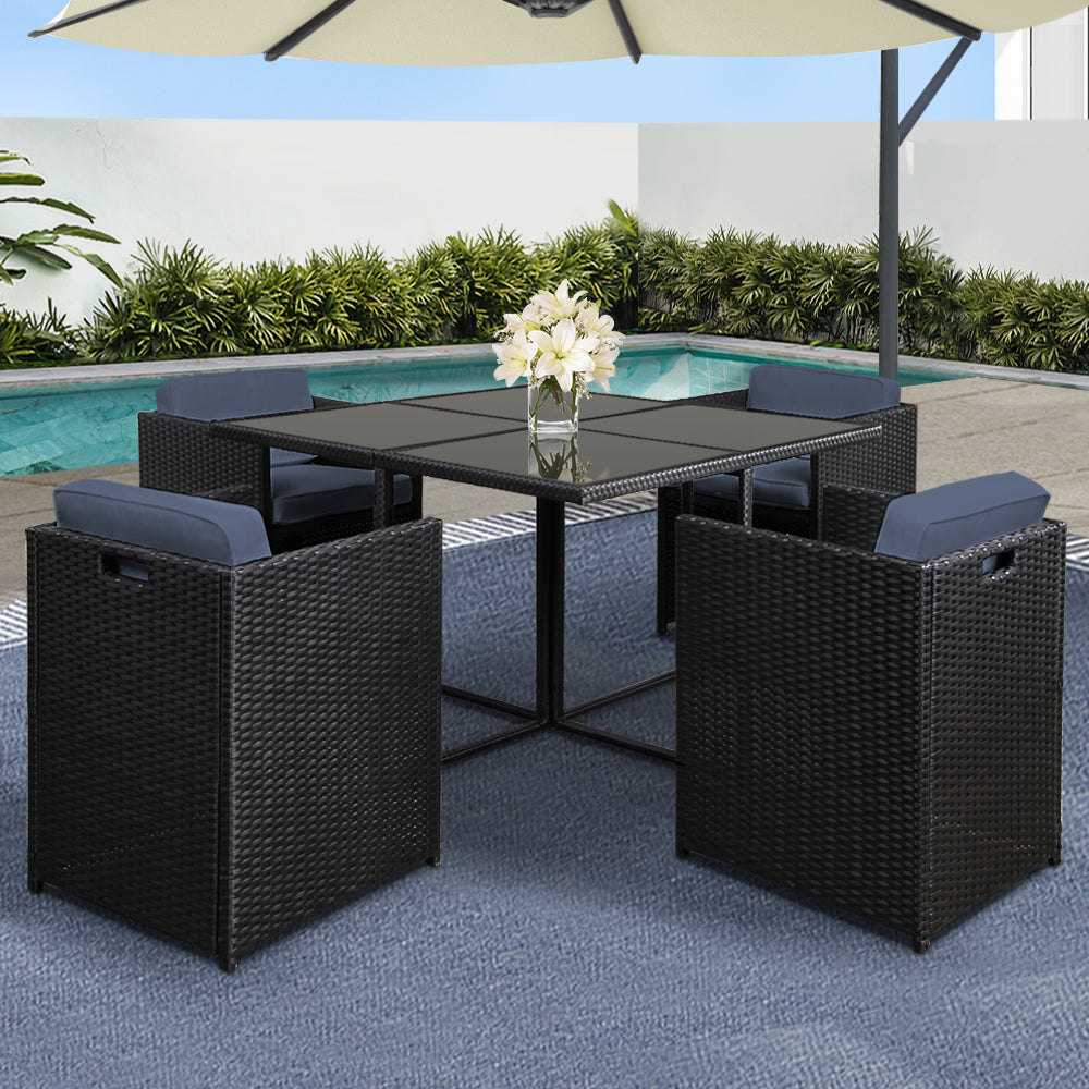 Elodie - Outdoor Dining Set 5 Piece Wicker Table Chairs Black
