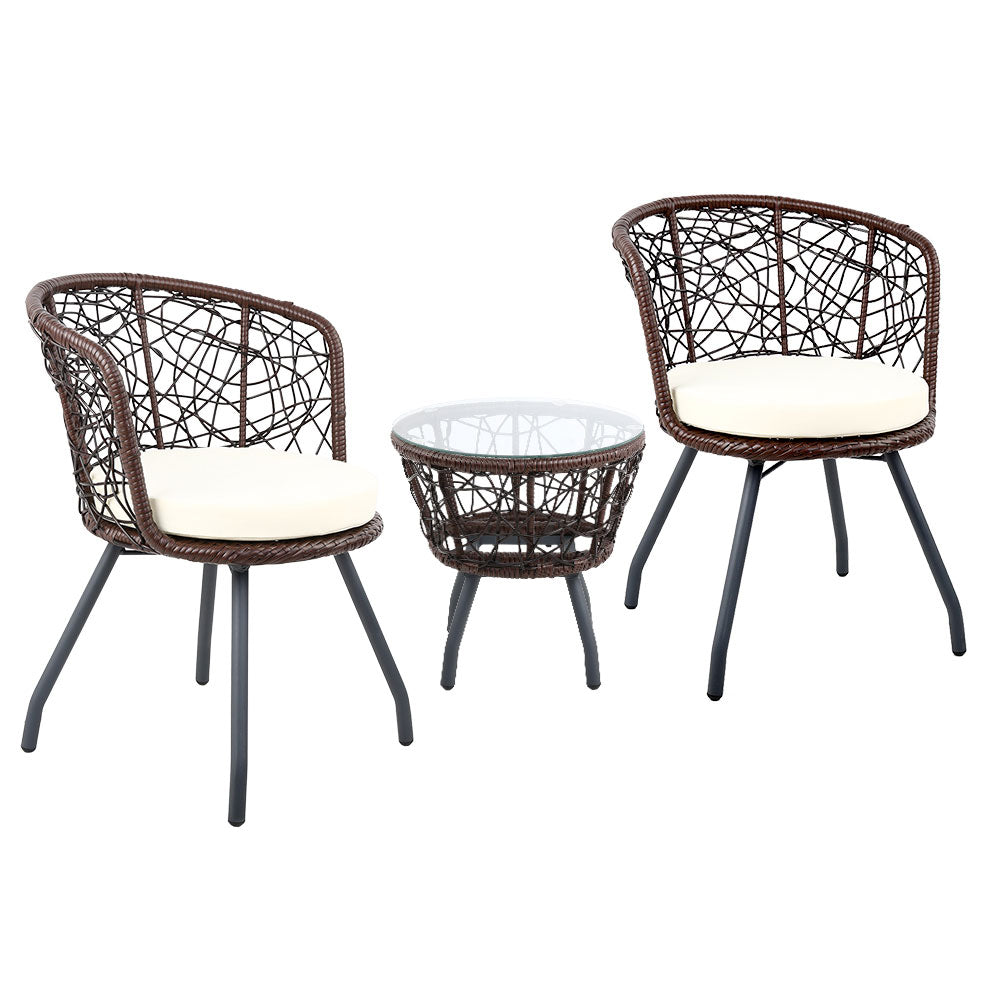 Lush - 3PC Bistro Set Outdoor Furniture Rattan Chairs Brown