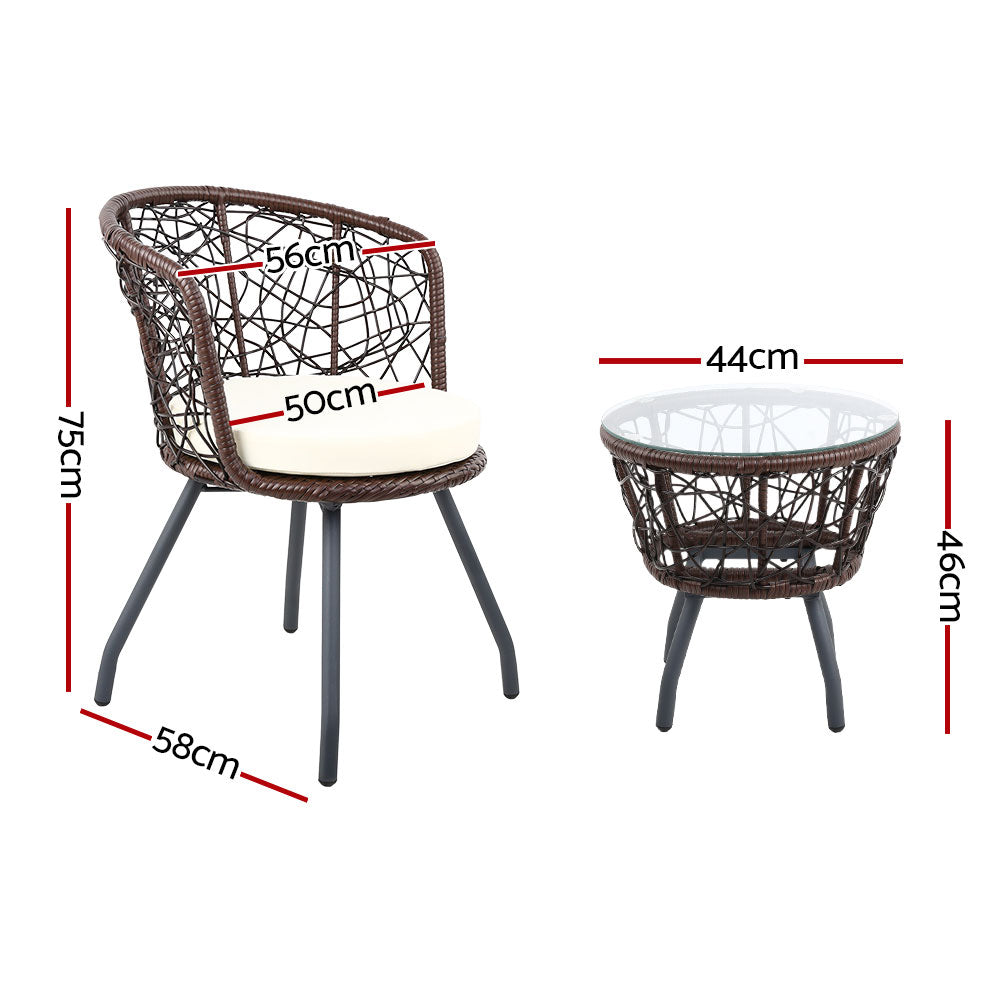 Lush - 3PC Bistro Set Outdoor Furniture Rattan Chairs Brown