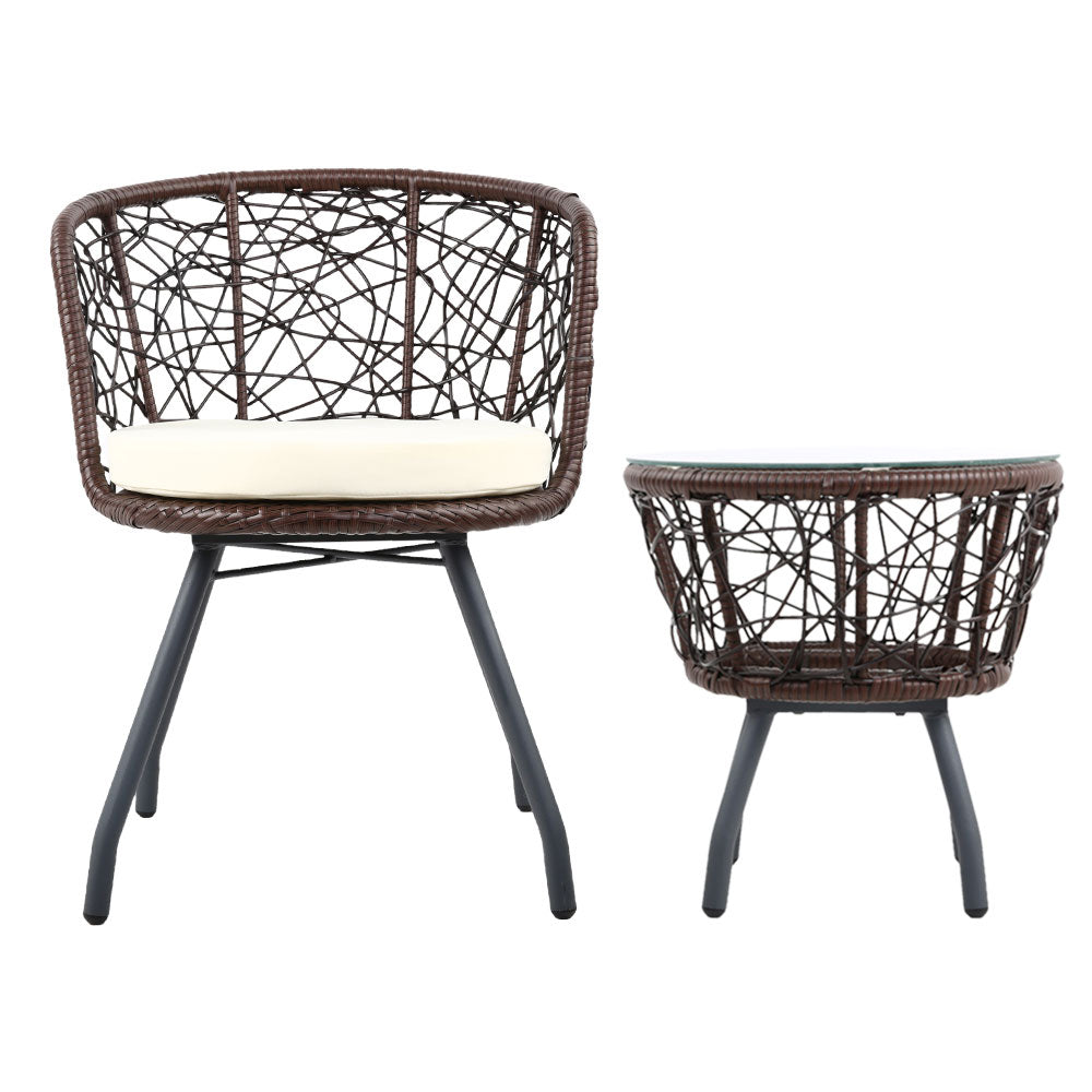 Lush - 3PC Bistro Set Outdoor Furniture Rattan Chairs Brown