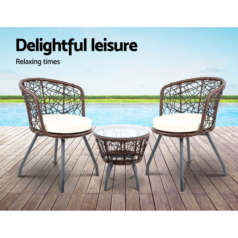 Lush - 3PC Bistro Set Outdoor Furniture Rattan Chairs Brown