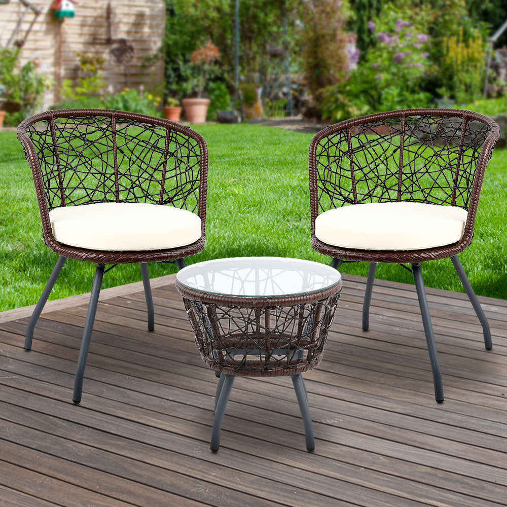 Lush - 3PC Bistro Set Outdoor Furniture Rattan Chairs Brown