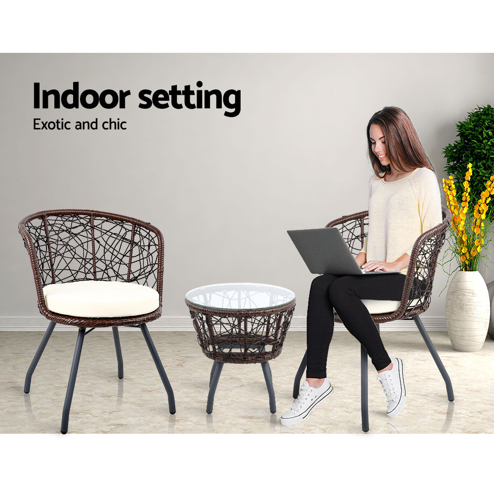 Lush - 3PC Bistro Set Outdoor Furniture Rattan Chairs Brown