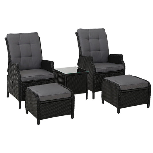 Mira - 5PC Recliner Chairs Table Sun Lounge Wicker Adjustable Black