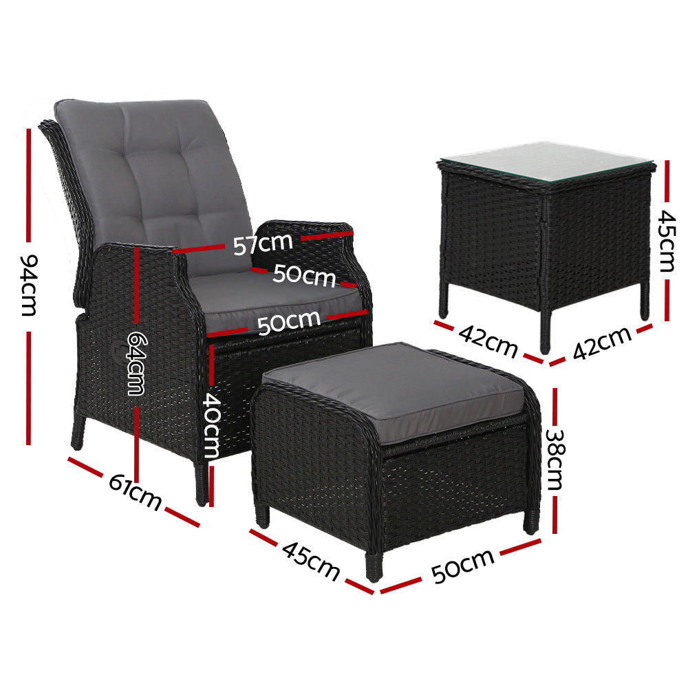Mira - 5PC Recliner Chairs Table Sun Lounge Wicker Adjustable Black