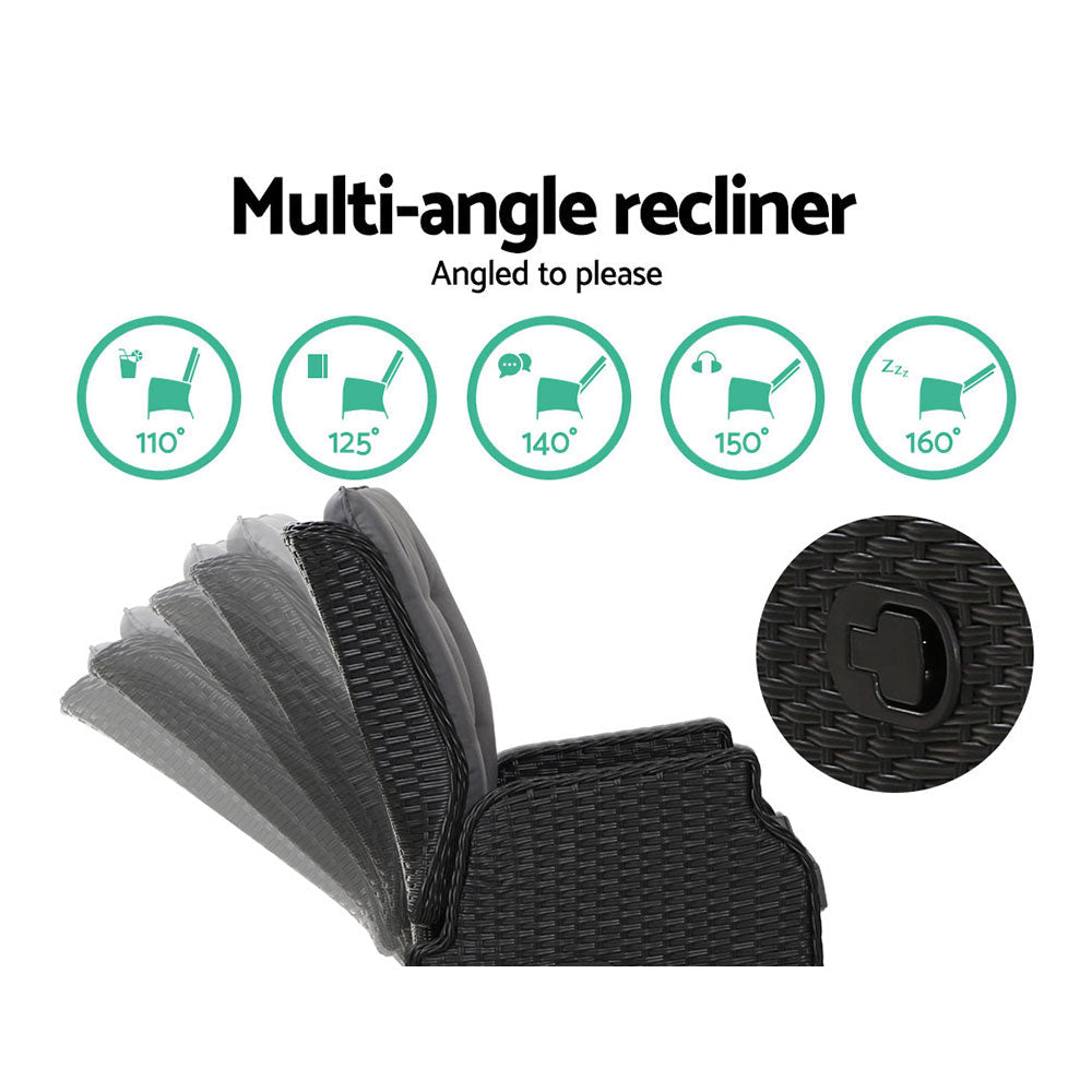 Mira - 5PC Recliner Chairs Table Sun Lounge Wicker Adjustable Black