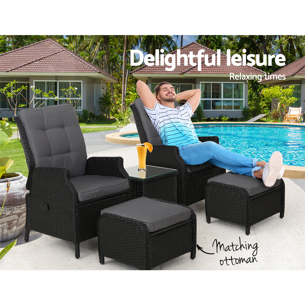 Mira - 5PC Recliner Chairs Table Sun Lounge Wicker Adjustable Black