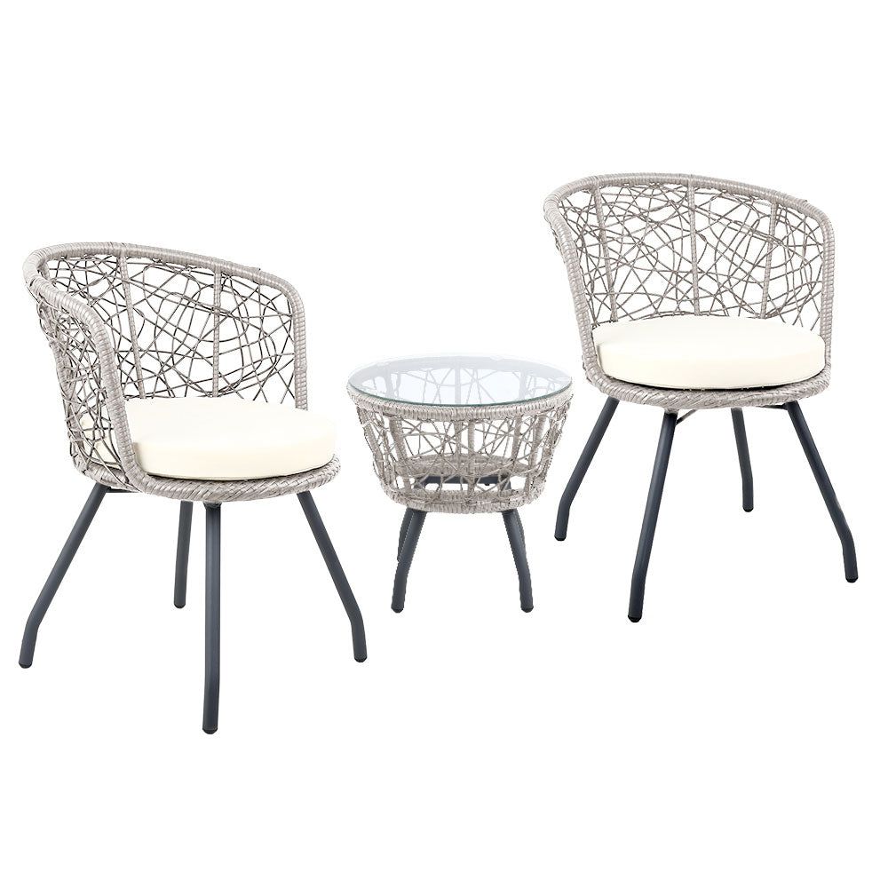 Cradle - 3PC Bistro Set Outdoor Furniture Rattan Chairs Table Grey