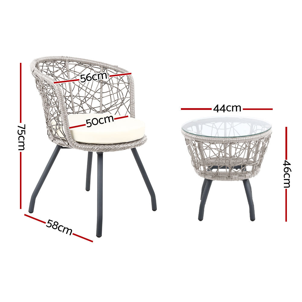 Cradle - 3PC Bistro Set Outdoor Furniture Rattan Chairs Table Grey