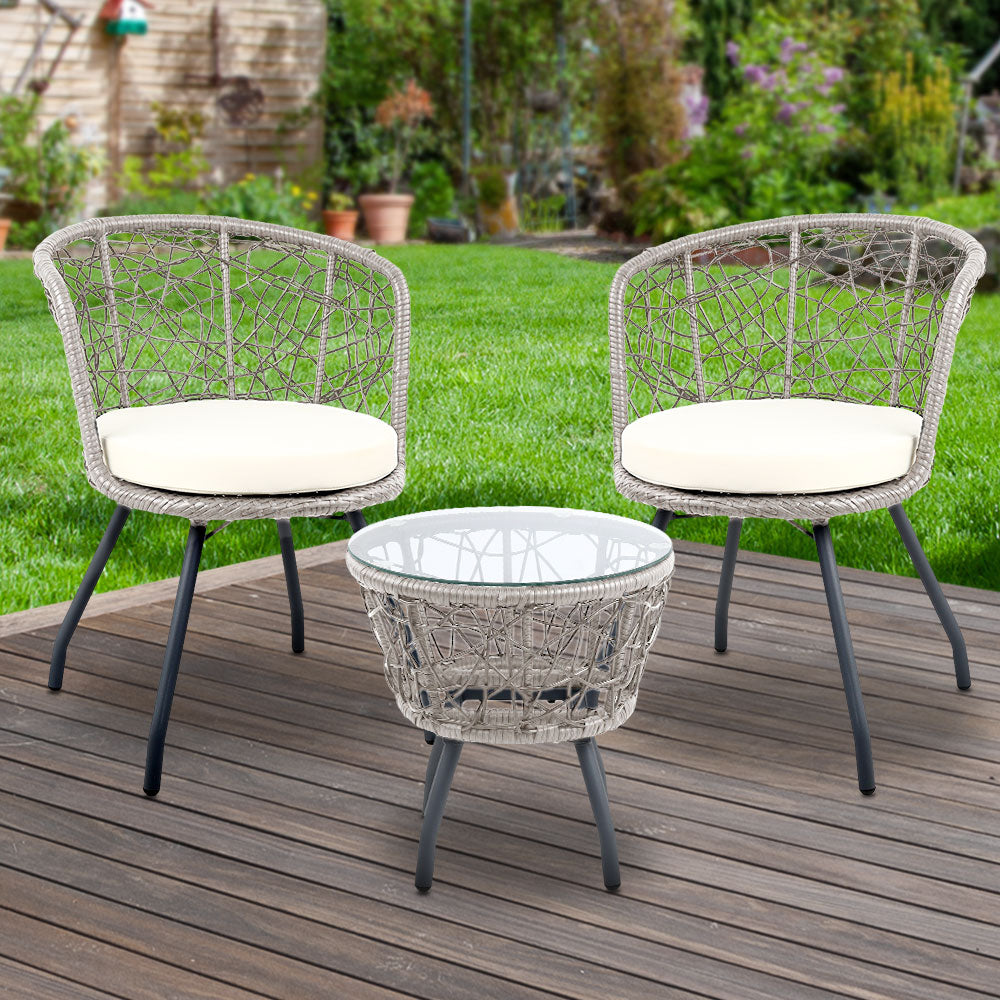 Cradle - 3PC Bistro Set Outdoor Furniture Rattan Chairs Table Grey