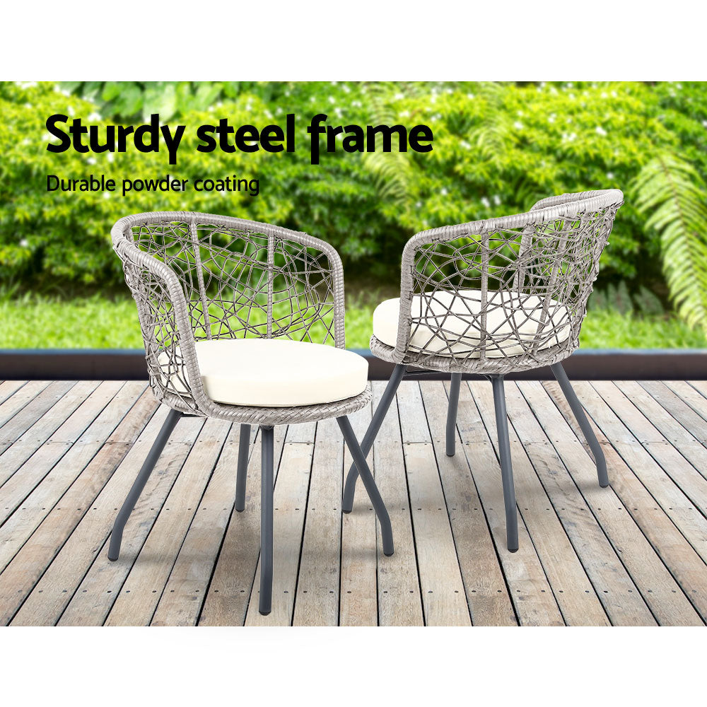 Cradle - 3PC Bistro Set Outdoor Furniture Rattan Chairs Table Grey