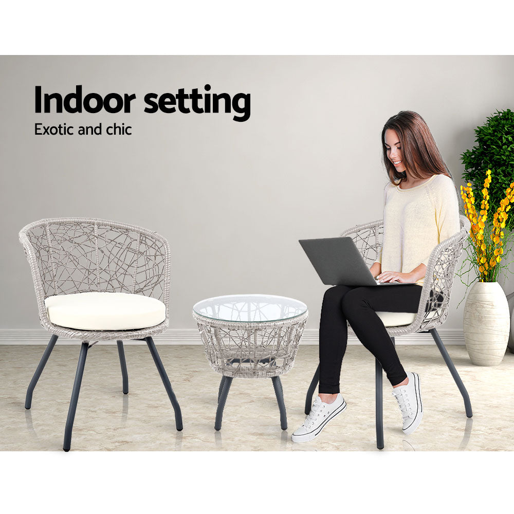 Cradle - 3PC Bistro Set Outdoor Furniture Rattan Chairs Table Grey