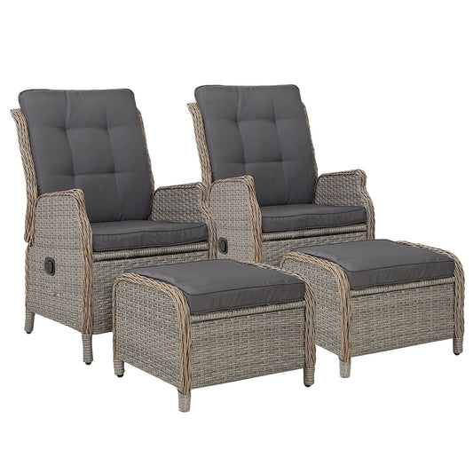 Elspeth - 2PC Recliner Chair Sun Lounge Wicker Lounger Adjustable Grey