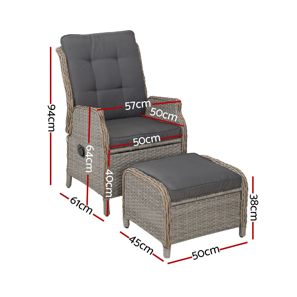 Elspeth - 2PC Recliner Chair Sun Lounge Wicker Lounger Adjustable Grey
